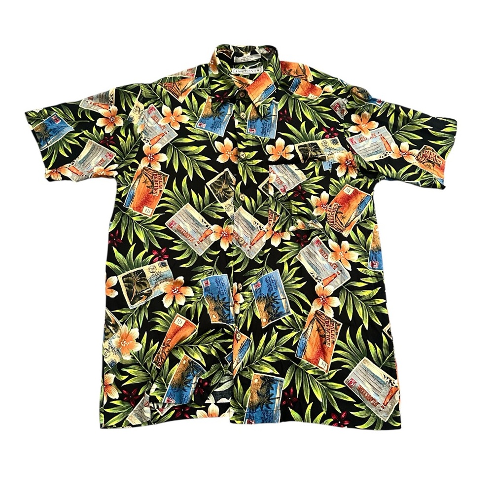 Tropical Black Floral Postcard Print Short-Sleeve Button-Down Shirt